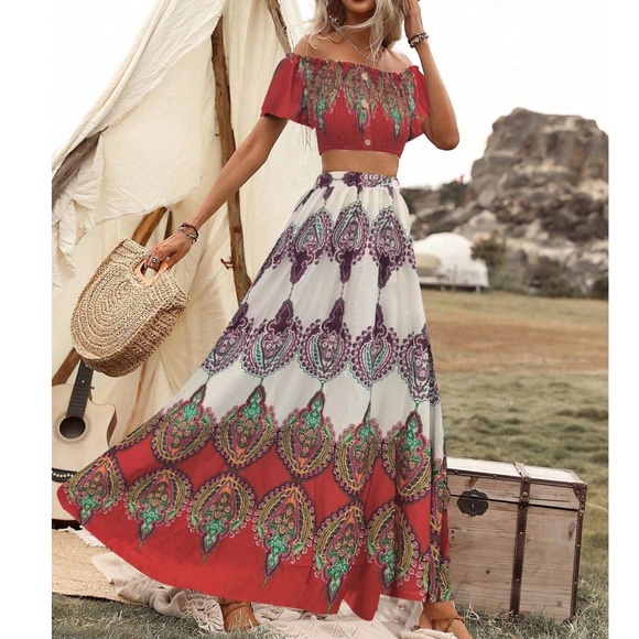 Boho Tribal Print Cropped Top Maxi Skirt Set - Picture 7 of 14